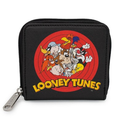 Looney Tunes Wallet, Square Zip Around, 10 Character Bullseye Logo, Black, Vegan Leather