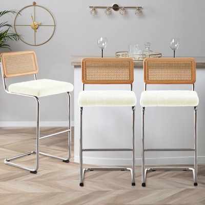 Bekrvio Bar Stools Set of 2/3/4, 26”/30" Barstool with Rattan Back, Velvet-Upholstered & Chrome Frame,Mid Century Modern Kitchen Stool for Island