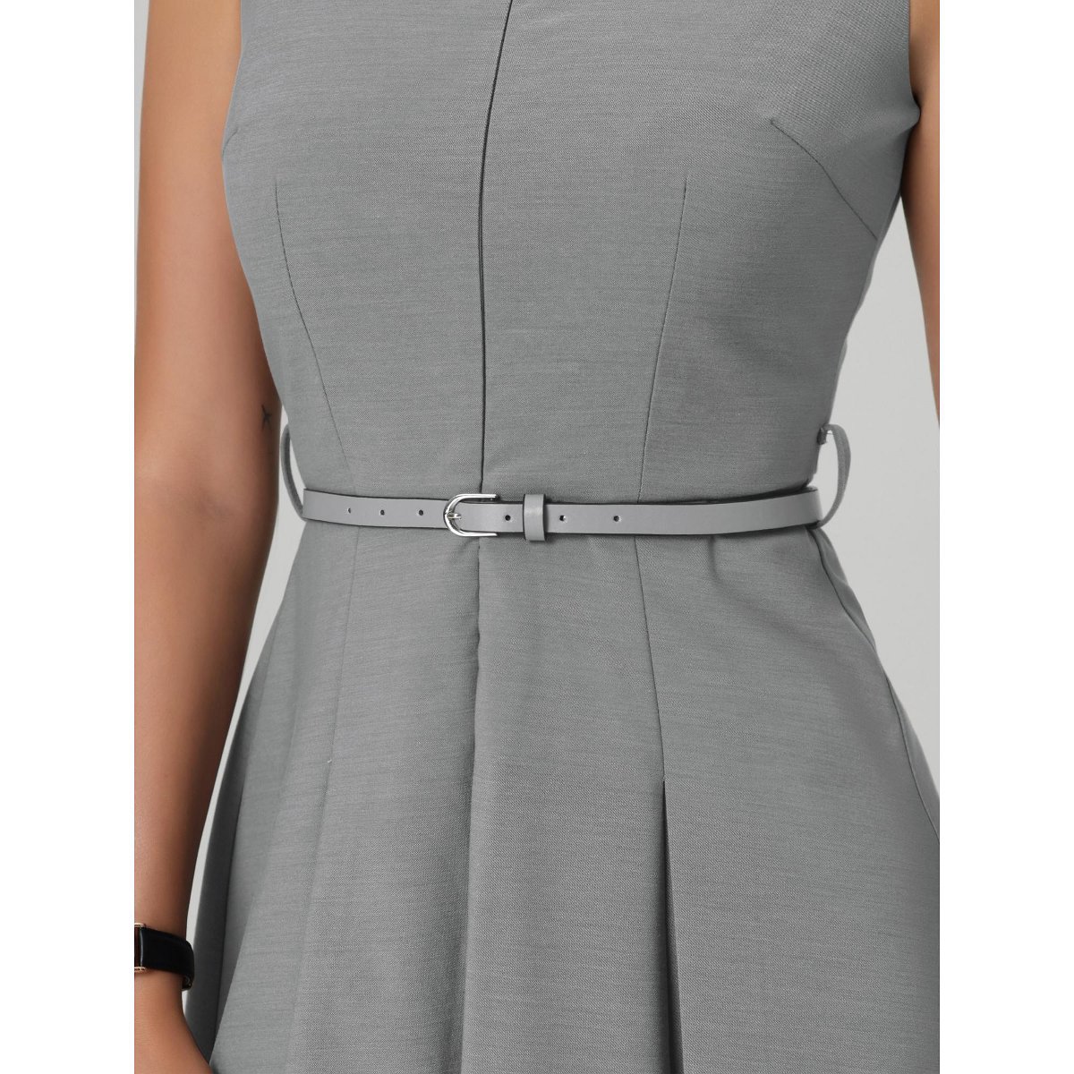 Женские платья INSPIRE CHIC Women's Round Neck Sleeveless Zip Front Belted Fit Flare Work Dresses Gray Medium — фото 4