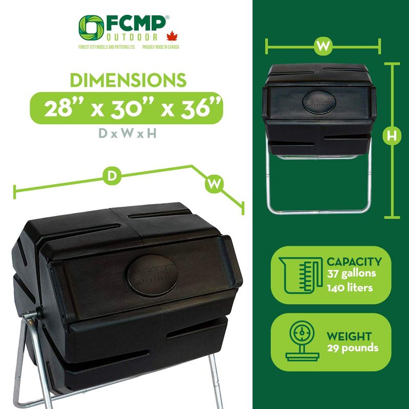 FCMP Outdoor 37 Gallon 1 Piece Plastic Single Chamber Roto Tumbling Composter Outdoor Elevated Rotating Garden Compost Bin, Black, 3 of 8