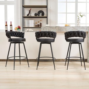 DYHOME 28 inch Bar Stools Set of 3, Modern Counter Height Bar Stools, 360° Swivel Suede Fabric Stool Chairs with Woven Back and Footrest - 1 of 4