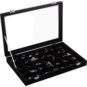 35-Grid Velvet Jewelry Tray with Clear Lid, Drawer Insert Organizer for Earrings & Rings, 13.8x9.5x2 Inches - 1 of 4