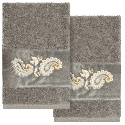 Linum Home Textiles Embroidered Guest Hand Towel, Set of 2,White/Gold