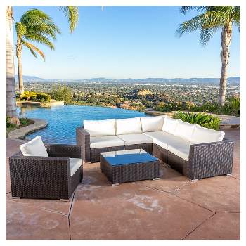Santa Rosa 7pc Wicker Patio Seating Sectional Set with Cushions - Multi Brown with Beige Cushions - Christopher Knight Home