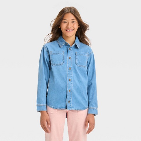 Girls' Long Sleeve Button-Down Denim Shirt - art class™ Light Indigo Blue XS