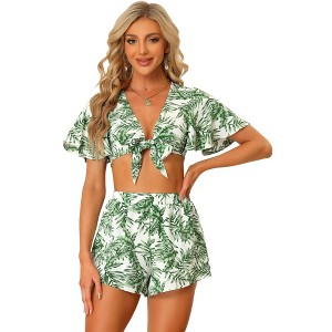 Allegra K Women's Summer Laurel Tie Front Print Top and Shorts Set - 1 of 4