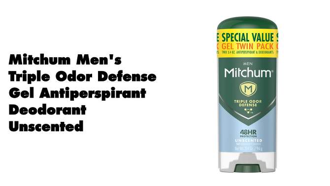 Mitchum Men&#39;s Antiperspirant &#38; Deodorant Triple Odor Defense Gel Stick, 48 Hr Protection, Unscented - Unscented - 3.4oz/2pk, 2 of 11, play video