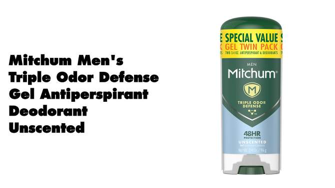 Mitchum Men&#39;s Antiperspirant &#38; Deodorant Triple Odor Defense Gel Stick, 48 Hr Protection, Unscented - Unscented - 3.4oz/2pk, 6 of 7, play video