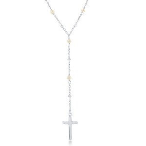 Bella Silver Sterling Silver  Freshwater Pearl & Plain Beads by the Yard Cross Rosary Necklace - White - 16+2 Inch - 1 of 2