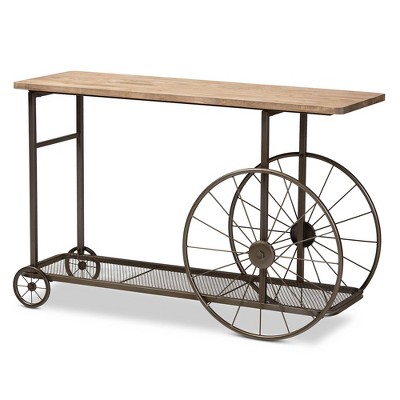 Terence Vintage Industrial Natural Wood and Metal Wheeled Console Table  Black - Baxton Studio