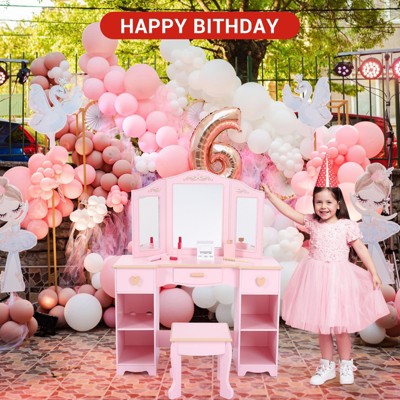 Kids Vanity Set, Pretend Play Girls Vanity Table and Chair Set with Mirror, Stool, and Wood Makeup Playset