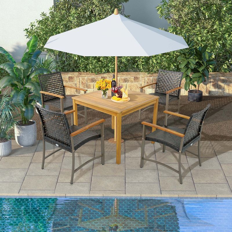 Costway Set of 4 Patio Dining Chairs Outdoor Wicker Armchairs with Acacia Wood Armrests, 3 of 9