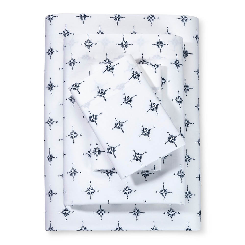 Photos - Bed Linen Navy Printed Pattern Percale Cotton Sheet Set Compass - Poppy & Fritz