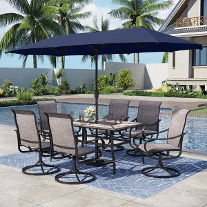 Captiva Designs 8pc Outdoor Wood-look Rectangle Steel Dining Table & Sling Swivel Chairs & Market Umbrella - 1 of 4