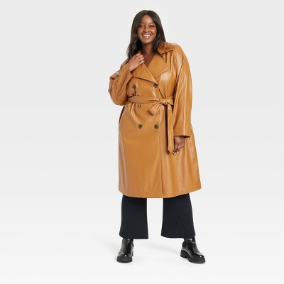 Women's Plus Size Faux Leather Belted Trench Coat - Ava & Viv™