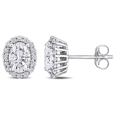 EVERLY JEWELRY | 10K White Gold 2 1/3 CT TGW Created Moissanite Oval Halo Stud Earrings