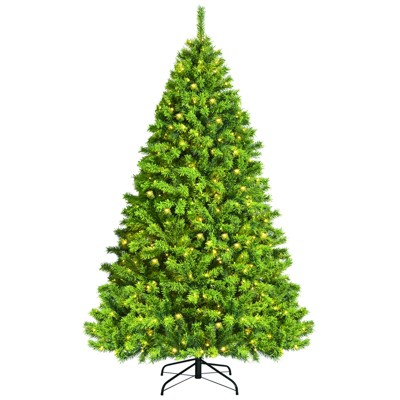 Tangkula Artificial Pre-Lit Christmas Tree, Green Flocked Christmas Hinged Tree w/ Branch Tips & Warm LED lights
