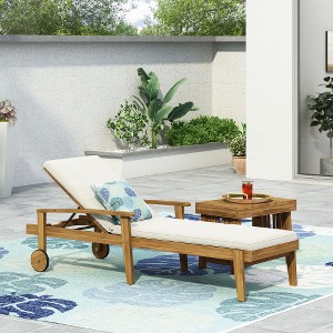 Chaise Lounge Chair Outdoor, Patio Lounge Chair W/Wheels, All Weather Lounge Chair With 5 Adjustable Positions, Pool Lounger For Poolside Lawn, Beige - 1 of 4