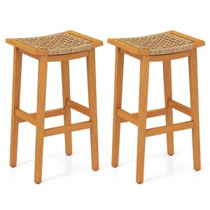 Tangkula Outdoor Acacia Wood Bar Stools Set of 2 w/ PE Rattan Seats & Backrests - 1 of 4