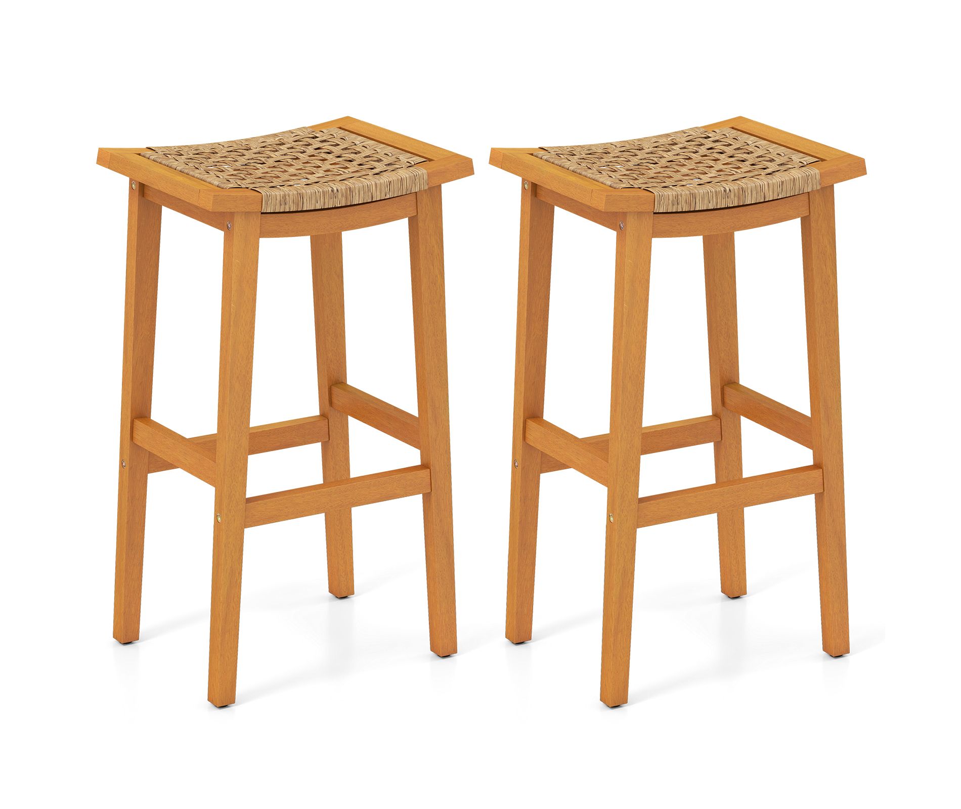 Tangkula Outdoor Acacia Wood Bar Stools Set of 2 w/ PE Rattan Seats & Backrests