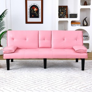 MAYEERTY PVC Multifunctional Two Seat Sofa Bed with Foldable and Cup Holder Design for Living Room Bedroom Pink - 1 of 4