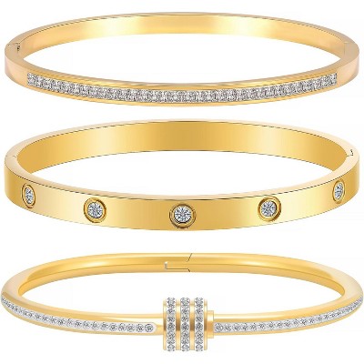 Gold Stackable Bracelets for Women - 3 Piece Stainless Steel Bangles with Love & Friendship Theme, Crystal Accents
