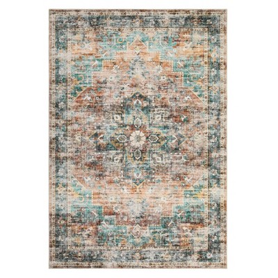 9 x 12 ft Polyester Blue Brown Rectangular Indoor Bedroom Living Room Floral Print Vintage Machine Washable Area Rug