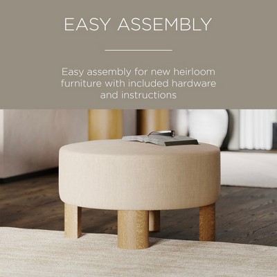 Celia Round Beige Upholstered Ottoman with Natural Wood Legs