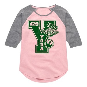 Girls' - Star Wars - Yoda Letterman Shirt Tail Raglan Graphic T-shirt - 1 of 4