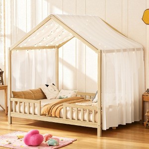 Mshliw Montessori Floor Bed with Canopy and Sheer Curtains, Twin/Full Wooden House Bed Frame,Toddler Bed with Railings, Kids Platform Bed with Roof - 1 of 4