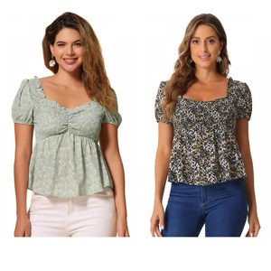 INSPIRE CHIC Women's Short Sleeve Floral Sweetheart Neck Shirred Ruffle Peasant Top 2 Packs - 1 of 4