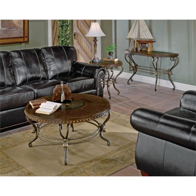 Traditional Warm Tobacco Round End Table with Curved Metal Base