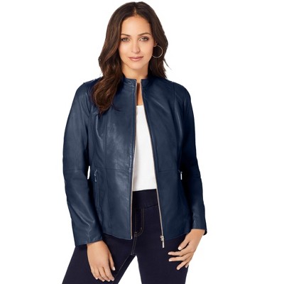 Jessica London Women's Plus Size Zip Front Leather Jacket, 22 W - Navy ...