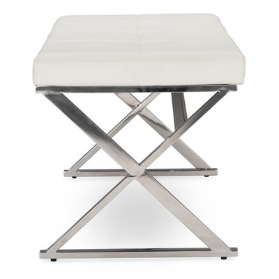 Herald White Faux Leather and Stainless Steel Rectangular Bench