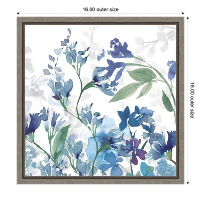 Gray Framed Blue Floral Canvas Wall Art Print 16x16