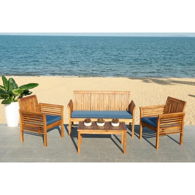 Carson 4-Piece Natural Acacia Outdoor Set with Navy Cushions