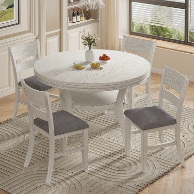 VECELO 5-Piece Round Dining Set with 4 Upholstered Chairs, Rustic Dining Table Set for Kitchen or Dining Room, Gray