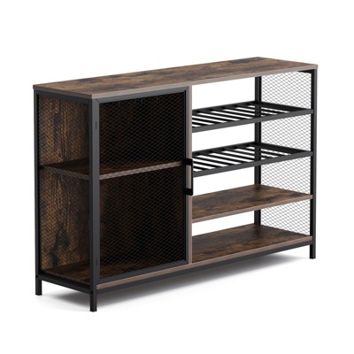 Wine Bar Cabinet, Industrial Coffee Bar Cabinet Glass Holders, Storage Buffet Cabinet Liquor Organizer for Living Rooms, Apartments- Brown