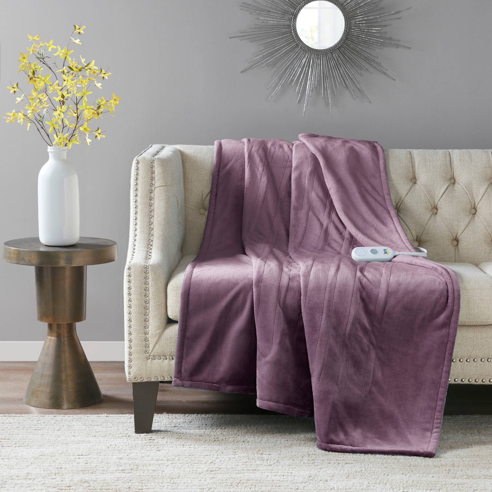 50"x60" Plush Electric Heated Throw Blanket Purple: Serta Midweight, Machine Washable, 3 Year Warranty