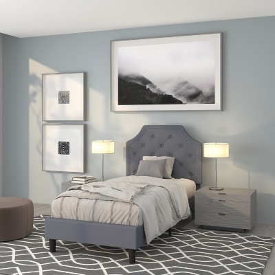Elegant Twin-Size Light Gray Upholstered Bed with Tufted Headboard and Nailhead Trim