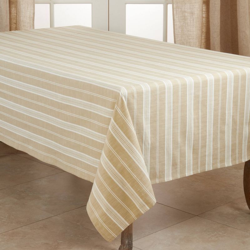 120&#34; x 65&#34; Cotton Striped Tablecloth Beige - Saro Lifestyle, 1 of 6