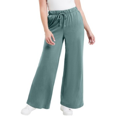 June + Vie By Roaman's Women's Plus Size French Terry Wide-leg Pant, 26/28  - Cool Sage : Target