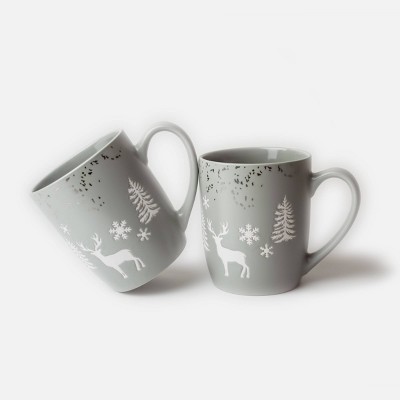 16oz 2pk Ceramic Reindeer Mugs Gray - Peppermint & Pine