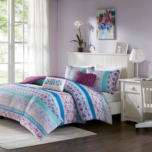 Sapphtopaz Bedding Comforter Sets Quilt Set Bohemian Style Plant Prints and Purple Back Reversible Quilt Set - 1 of 4
