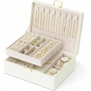 2 Layer Jewelry Box, Large Organizer with Removable Trays for Necklaces, Earrings, Rings, Bracelets Cream White - 1 of 4