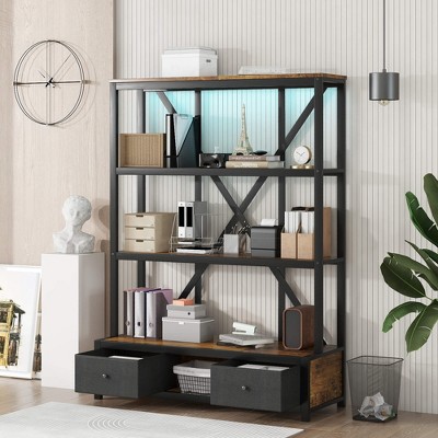 ORRD 3-Shelf Metal Bookcase with Drawers, Open Industrial Bookcase with LED, Vintage Wood Color for Home Office