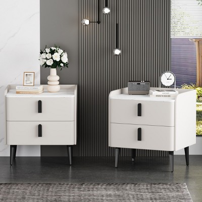 Modern Nightstand with Drawers, Bedside Table with PU Surface and Marble-Pattern Top for Bedroom, Living Room, or Apartment – The Pop Home