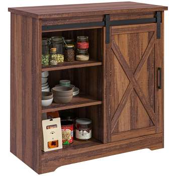 4 Layer Farmhouse Coffee Bar Cabinet with Power Outlet and Sliding Barn Door, Modern Buffet Sideboard Kitchen Storage with Adjustable Shelves(Brown)