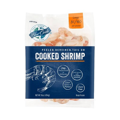 Blue Circle Peeled, Deveined, Tail-On Cooked Shrimp - 31/40ct per pound - Frozen - 16oz