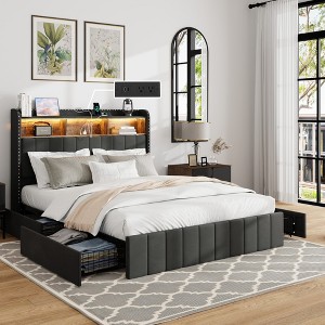 Queen Size Bed Frame with 47.2" Bookcase Headboard and 4 Storage Drawers - 1 of 4